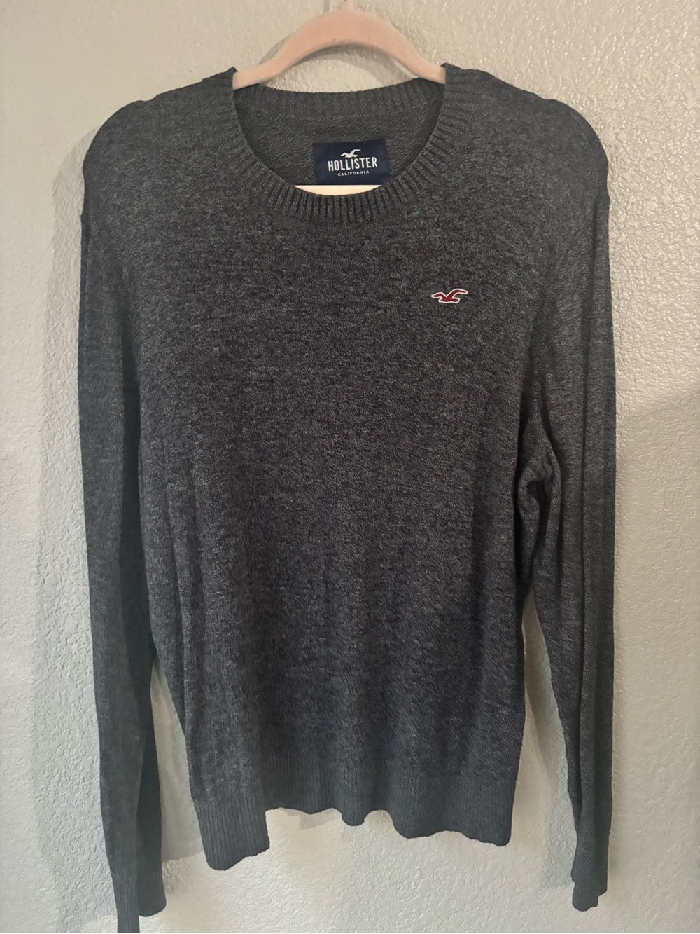 Hollister Men's Dark Gray Crewneck Sweater with Embroidered Logo